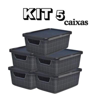 Imagem de Kit 5 Caixas Cesto Organizador Jutta 2 Litros Preta Com Tampa - Arqpla