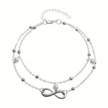 Imagem de Tornozeleira feminina elegante com contas de duas camadas prateadas – Presente para sua namorada