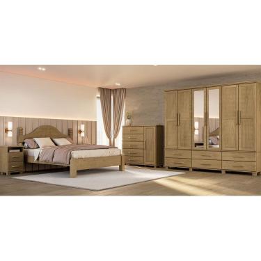 Imagem de Conjunto Quarto Ouro Freijó: Guarda-Roupa 6 Portas, Cama Casal, Cômoda Sapateira e 2 Mesas Cabeceiras Madeira Pinus