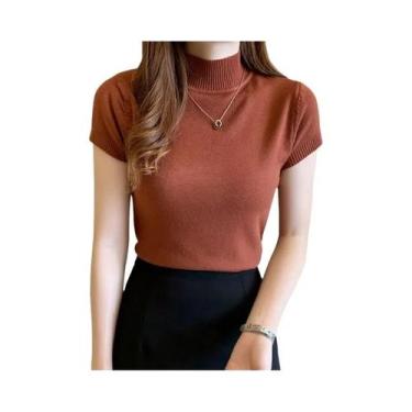 Imagem de Camiseta Feminina De Malha Slim Fit Com Gola Alta, Manga Curta, Casual