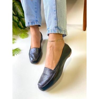 Imagem de Mocassim Feminino Preto Couro Legítimo Bico Quadrado Marca Nilza Camar