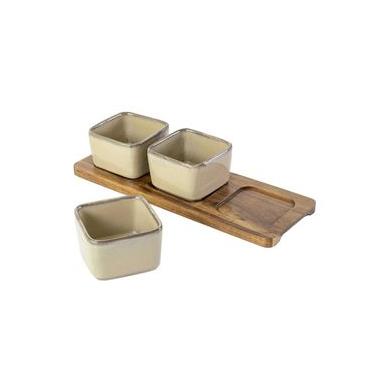 Imagem de Petisqueira Em Madeira E Cerâmica Bege Com 3 Bowls - Btc