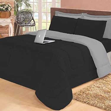 Imagem de Jogo de cama Casal com edredom lençol fronha função cobre leito e cobertor (Preto e Cinza)