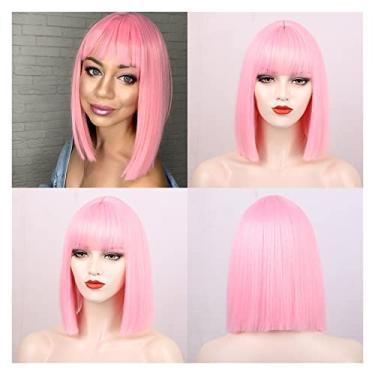 Imagem de Perucas femininas sintéticas perucas curtas retas com franja para mulheres, preto, rosa, roxo, vermelho, natural, cabelo humano (cor: rosa, comprimento esticado: 35,5 cm)