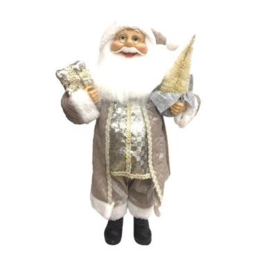 Imagem de Papai Noel Casaco Cinza Perolado Luxo 45cm Presente e Pinheiro - Master Christmas