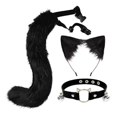Imagem de Generic Cat Fox Ears Hair Hoop with Tail Set , Bell Choker PU Leather Collar Halloween Cosplay Kit , Black