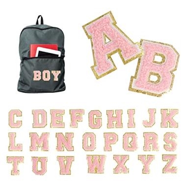 Imagem de 26 Pçs apliques letras costurar ou passar no alfabeto Glitters adesivos de reparo decorativos de chenille remendos bordados requintados para roupas universitárias chapéus camisas (5,5 cm, rosa)