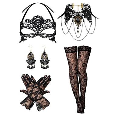 Imagem de 5 peças de vestido gótico inclui colar de renda preta e conjunto de brincos elegante gótico pingente gargantilha luvas de renda cano alto da coxa para mulheres fantasia de Halloween casamento, renda e liga, Sem pedras preciosas