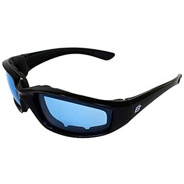 Imagem de Óculos acolchoados Birdz Oriole para motociclismo, airsoft, lentes azuis claras e armação preta brilhante tem acolchoamento de espuma confortável em todo o interior dos óculos para se encaixar confortavelmente ao seu rosto e proteger contra vento e poeira. Também tem almofadas de borracha confortáve