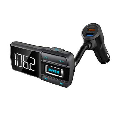 Imagem de TwiHill Transmissor FM Bluetooth para carro, Bass Booster V5.0 Adaptador de rádio Bluetooth Player de música sem fio Kit para carro com chamadas mãos-livres, carregador de portas USB duplo 5V / 2.4A 1A, suporte auxiliar, cartão TF / SD