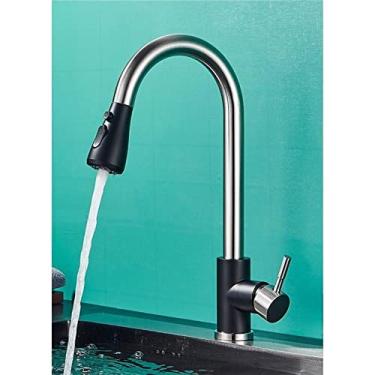 Imagem de Torneira de cozinha de níquel escovado com furo único, bico removível para pia de cozinha, torneira misturadora, cabeça de pulverização, torneira misturadora cromada/preta, níquel preto A