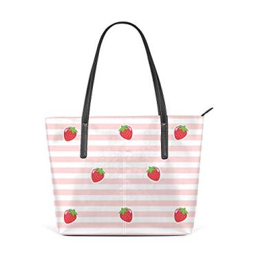Imagem de Bolsa de ombro feminina sacola de couro para compras grande trabalho, rosa, decoração de morango, bolsa casual