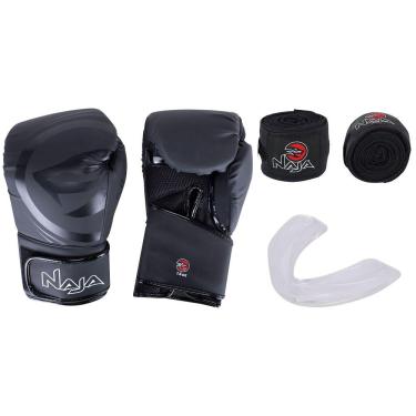 Imagem de Kit de Boxe Naja: Bandagem + Protetor Bucal + Luvas de Boxe Black - 14 OZ - Adulto