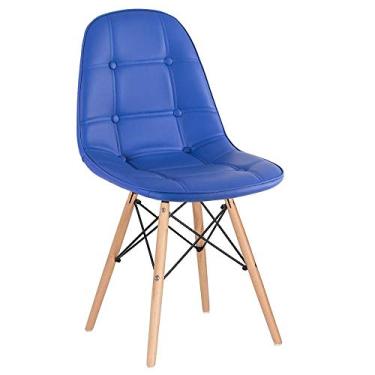 Imagem de Loft7, Cadeira Charles Eames Eiffel, Assento Estofado Botonê, Pés Em Madeira Clara E Elegante Versátil Sala De Jantar Cozinha Cafeteria Quarto, Azul