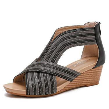 Imagem de Sandálias para mulheres sandálias anabela com zíper traseiro moda verão feminina boca de peixe boêmia sandálias de salto romano femininas (preto, 7,50)