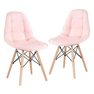 Imagem de Loft7 Home Decor, Kit 2 Cadeiras Charles Eames Eiffel, Assento Estofado Botonê, Pés Em Madeira Clara E Elegante Versátil Sala De Jantar Cozinha Cafeteria Quarto, Rosa