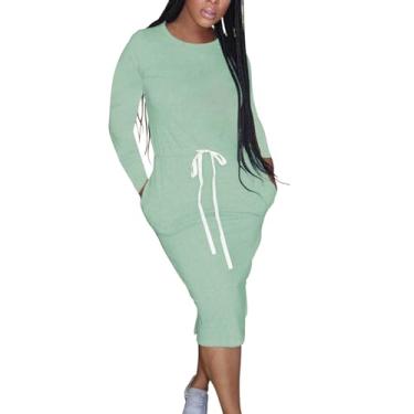 Imagem de UIFLQXX Vestido clássico simples casual cor sólida manga longa cintura vestido com fenda na coxa casual bolsos soltos vestido longo, Verde (mint), P
