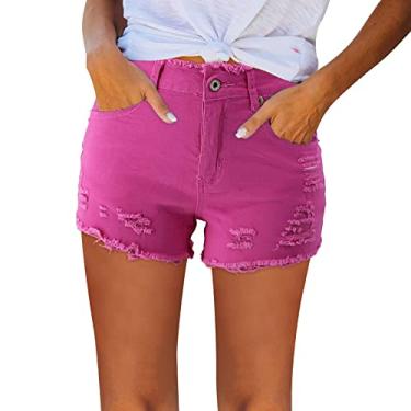 Imagem de Calças de moletom com bolsos para mulheres calças de verão calças curtas sexy jeans cintura alta slim buraco calça curta de lã plus, Rosa, GG