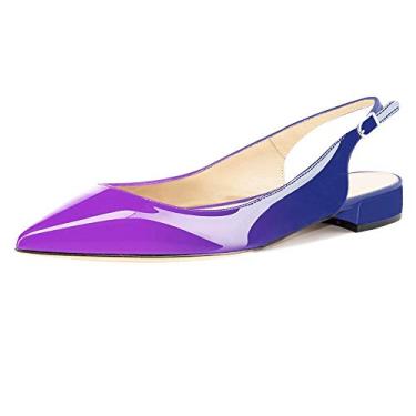 Imagem de Fericzot Sapatos femininos sensuais sandálias de bico fino salto baixo quadrado fivela Drees Flat Shoes Plus Size, Roxo azul - patente, 10.5