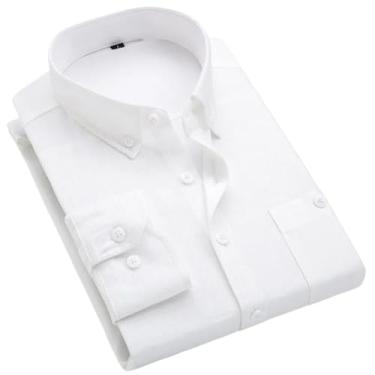 Imagem de WOLONG Camisa masculina de veludo cotelê de manga comprida estilo britânico slim lapela, Branco, GG