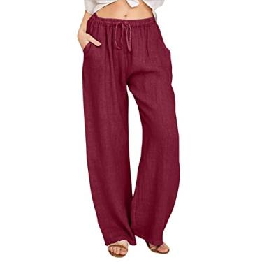 Imagem de Calça feminina de calça de moletom pequena de cintura alta de linho de verão de algodão calça plissada, Vinho, XXG