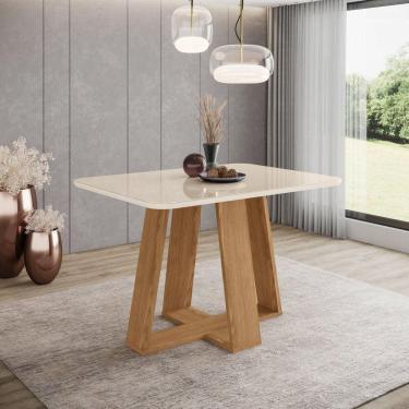 Imagem de Mesa de Jantar 4 Lugares 120cm Tampo Mdf e Vidro Canto Arredondado Lins Marrom/Off White