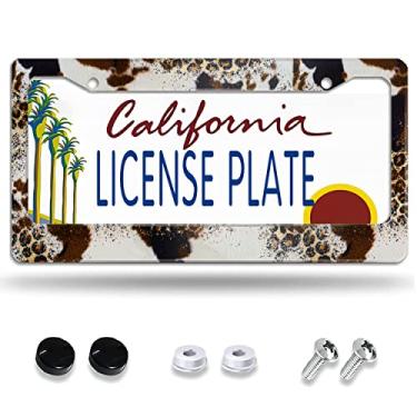 Imagem de Larkverk Glitter de couro de vaca com moldura de placa de licença com estampa de leopardo, molduras de etiquetas de placas de carro de alumínio, molduras de placa de licença personalizadas para