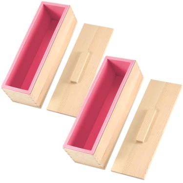 Imagem de ZOENHOU Pacote de 2 moldes de sabonete rosa de 1,25 ml, kit de moldes de fabricação de sabão de silicone retangular flexível com caixa de madeira DIY conjunto de ferramentas para fazer sabão