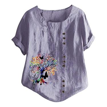 Imagem de Camiseta feminina de linho, gola redonda, mangas curtas, estampada, folgada, túnica de verão, roupas para sair, Roxo #1, XXG