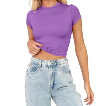 Imagem de Camisa feminina de verão gola redonda slim fit camiseta cor sólida cropped blusas sexy para sair, Roxa, XXG
