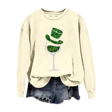 Imagem de Camiseta feminina do Dia de São Patrício de manga comprida verde Shenanigrams pulôver despojado, Bege, P