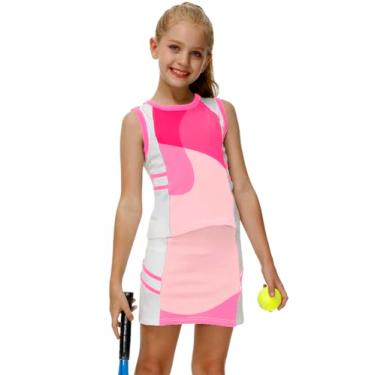 Imagem de AOBUTE Conjunto de camiseta regata e saia com shorts para meninas de 4 a 12 anos, Rosa claro, 11-12 Anos