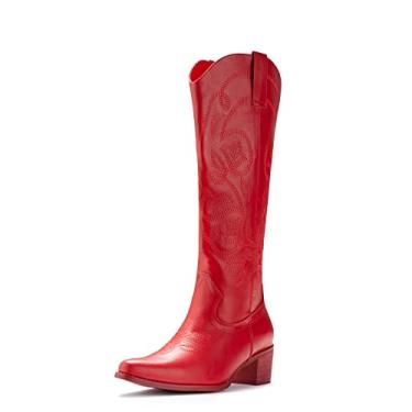 Imagem de IUV Botas femininas caubói, bico fino, botas ocidentais, botas cowgirl, cano médio, Vermelho, 36