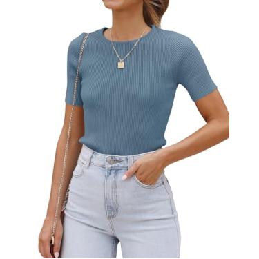 Imagem de ZCSIA Camiseta feminina básica de manga curta 2024 verão gola redonda malha slim fit cor lisa, amêndoa, Azul empoeirado, P