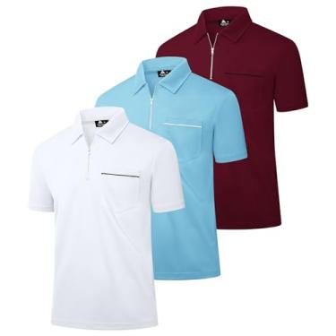 Imagem de JACKETOWN Pacote com 3 camisetas polo masculinas de golfe de manga curta com zíper e gola casual com bolso, 03939-céu branco azul-vinho, 3G