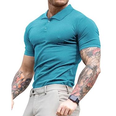 Imagem de Lehmanlin Camisa polo masculina de manga curta casual slim fit stretch com nervuras para golfe, 01 azul-curto, XXG