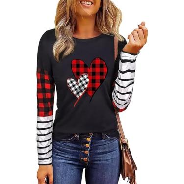 Imagem de jusgai Camiseta feminina dia dos namorados leopardo listrado manga raglans camiseta estampa coração búfalo xadrez, Preto - 2, P