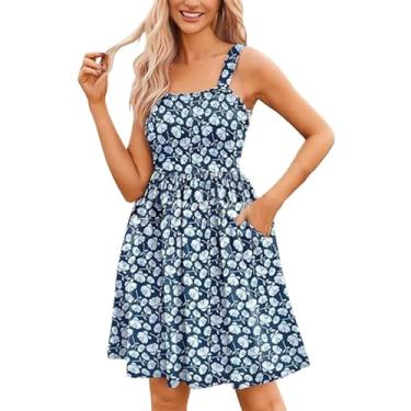 Imagem de Vestido feminino fashion casual verão decote quadrado alça floral vestidos vintage para mulheres, Azul escuro, XXG