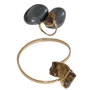 Imagem de Pulseira Feminina Conjunto Joias Bracelete Duplo + Anel Duplo Olho de Tigre Semijoias de Luxo Acessórios Femininos Bijuterias Finas Pedras Natuais Cristais