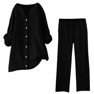 Imagem de Lainuyoah Conjuntos de duas peças para mulheres, camisas de algodão e linho, decote em V, calças de cintura elástica, conjuntos de fato de treino sólido, A - Preto, 5X-Large