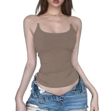 Imagem de Camiseta regata feminina slim fit estética meninas adolescentes sexy Y2k verão com nervuras sem mangas, Caqui, P