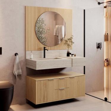 Imagem de Conjunto Para Banheiro Bancada Em Porcelanato Com Cuba Esculpida, Armário e Espelho Ripy 100cm Wood