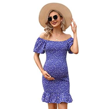 Imagem de FUNJULY Vestido feminino de maternidade com bainha com babados e decote quadrado, manga bufante, ombro de fora, vestido de verão para gestantes, Azul, M