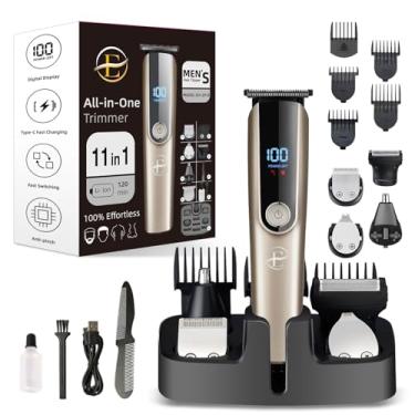 Imagem de Aparador de barba masculino – Kit 5 em 1 barbeador elétrico, aparador de pelos do nariz com visor LED, kit de cuidados faciais corporais de bigode sem fio, barbeador de barba recarregável (dourado)