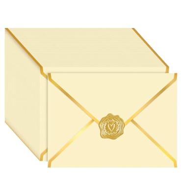 Imagem de AVERZELLA Pacote com 100 envelopes A7 5x7 para convites, cartolina brilhante de 250 g de espessura 4x6 envelopes com aba e selante em V de folha dourada, envelope A6 para vale-presente, casamento, chá
