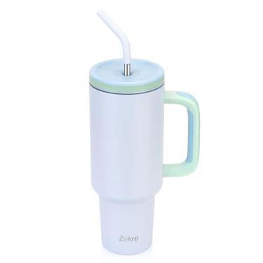 Imagem de Zukro Copo de 1,134 g com alça e canudo, tampa rosqueada com orifício largo para palha, copo de aço inoxidável isolado cabe no porta-copos para viagens - sem suor e mantém bebidas frias - pode ser