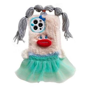 Imagem de Capa de celular de brinquedos de pelúcia de desenho animado compatível com iPhone 14 pro max, linda capa de pelúcia peluda fofa com tranças engraçadas para meninas, adolescentes, meninas, mulheres,