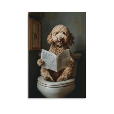 Imagem de Mini Goldendoodle Pet Reading Jornal no vaso sanitário, pintura de parede, pôster realista, impressão de arte para decoração de quarto 16 x 24 polegadas (40 x 60 cm) sem moldura-1-2