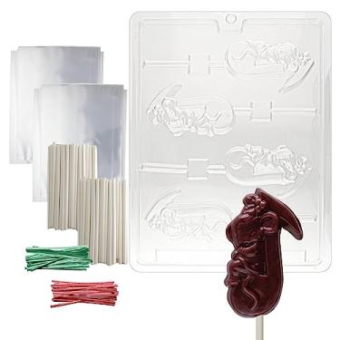 Imagem de Cybrtrayd Molde de chocolate de Natal pirulito musical com kit de pirulito e instruções de moldagem, inclui 50 paus de pirulito, 50 sacos de violoncelo, 25 laços vermelhos e 25 laços verdes