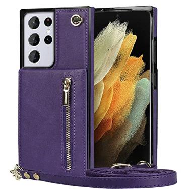 Imagem de Capa de couro luxuosa com talabarte de couro para Samsung Galaxy S21 S20 FE S10 E S9 Nota 20 10 9 Plus Ultra Slots para cartão Capa de bolsa de telefone, roxa, para Galaxy S20 Ultra